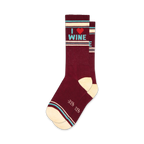 Pair of burgundy crew socks with cream and teal stripes and 'I Love Wine' graphic.