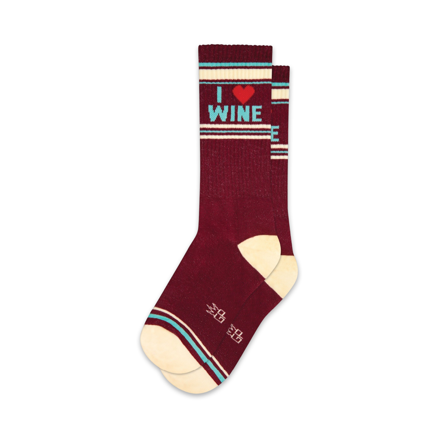 Pair of burgundy crew socks with cream and teal stripes and 'I Love Wine' graphic.