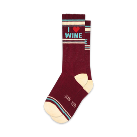 maroon socks with white toes & heels, blue stripes around top, "i love wine" written in white with a red heart replacing the word "love"  