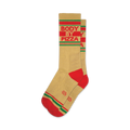 Tan crew socks with red and green stripes and a 'Body By Pizza' logo.  A fun, retro-style design.