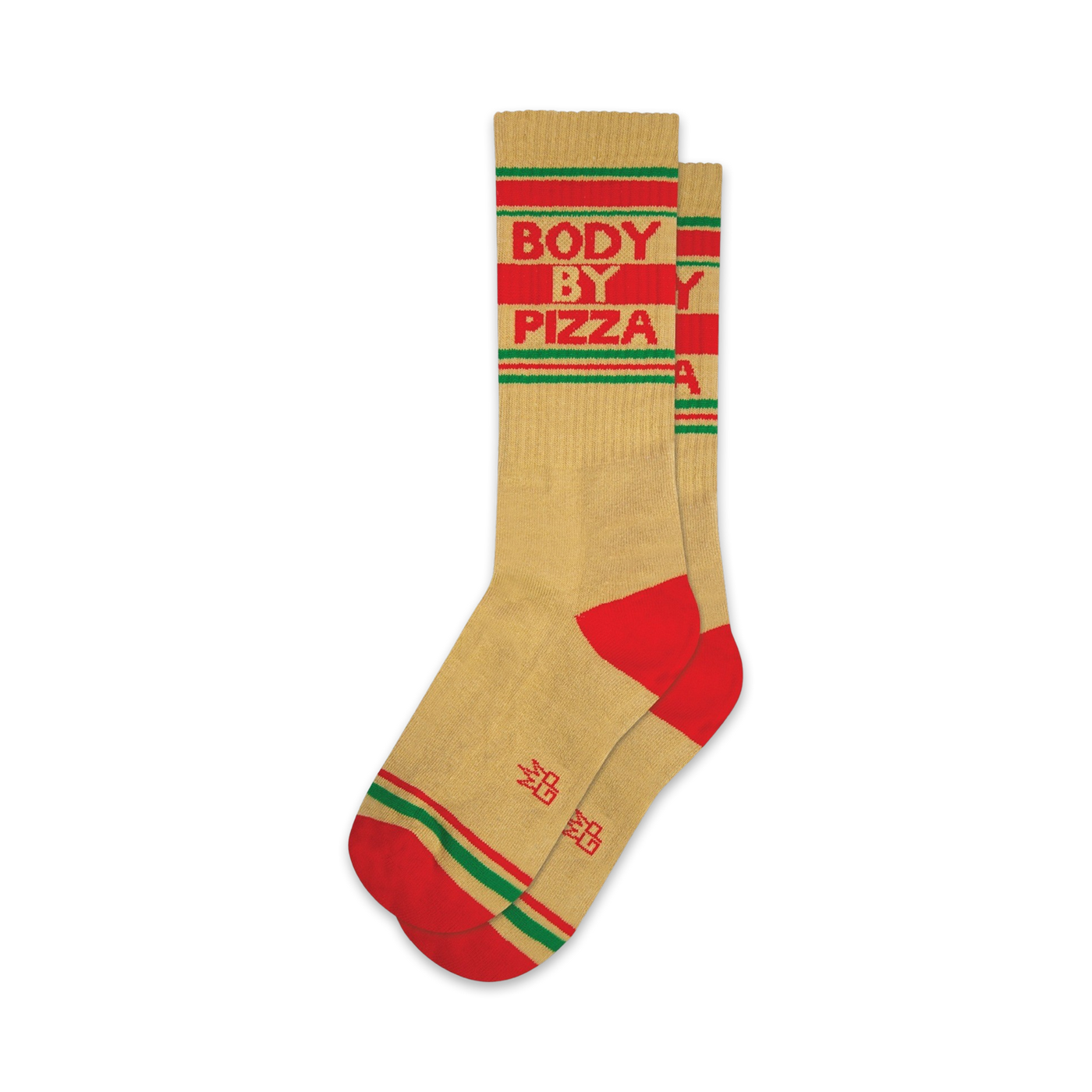 Tan crew socks with red and green stripes and a 'Body By Pizza' logo.  A fun, retro-style design.