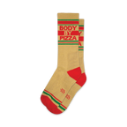Tan crew socks with red and green stripes and a 'Body By Pizza' logo.  A fun, retro-style design.
