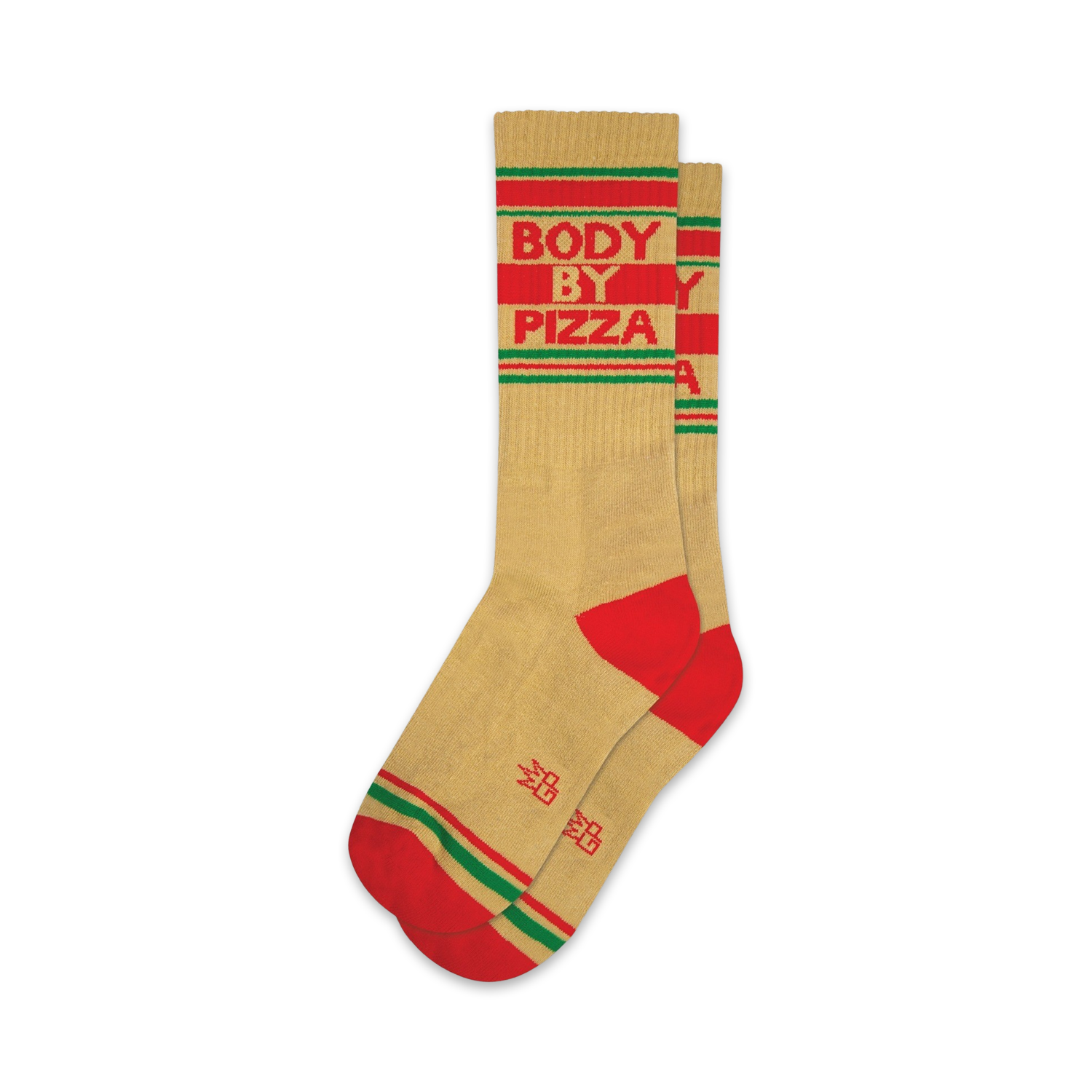 Tan crew socks with red and green stripes and a 'Body By Pizza' logo.  A fun, retro-style design.