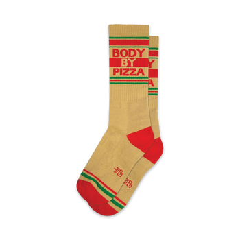 body by pizza themed socks in tan, red and green. "body by pizza" written on the socks. gender neutral.   