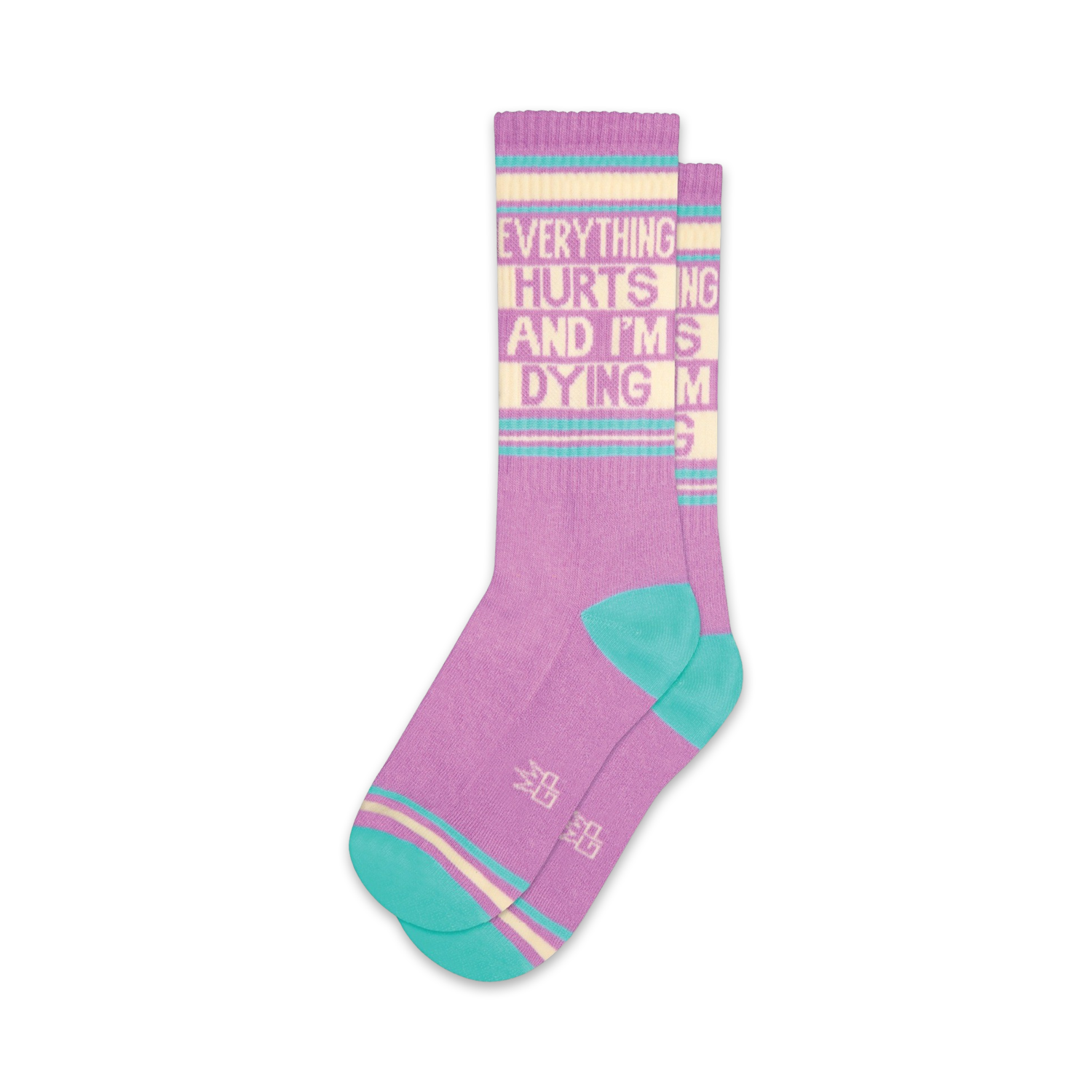 Pair of crew socks in purple and teal with the same text as the black pair. 