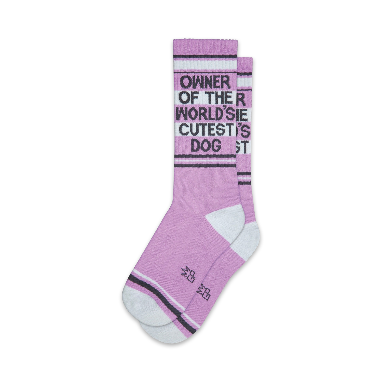 Pair of lavender crew socks with a dark gray 'Owner of the World's Cutest Dog' graphic and white/gray stripes near the cuffs.
