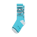 Pair of teal crew socks with a black graphic that reads 'Owner of the World's Cutest Cat'. White accents on the cuffs and toes.