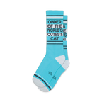Pair of teal crew socks with a black graphic that reads 'Owner of the World's Cutest Cat'. White accents on the cuffs and toes.