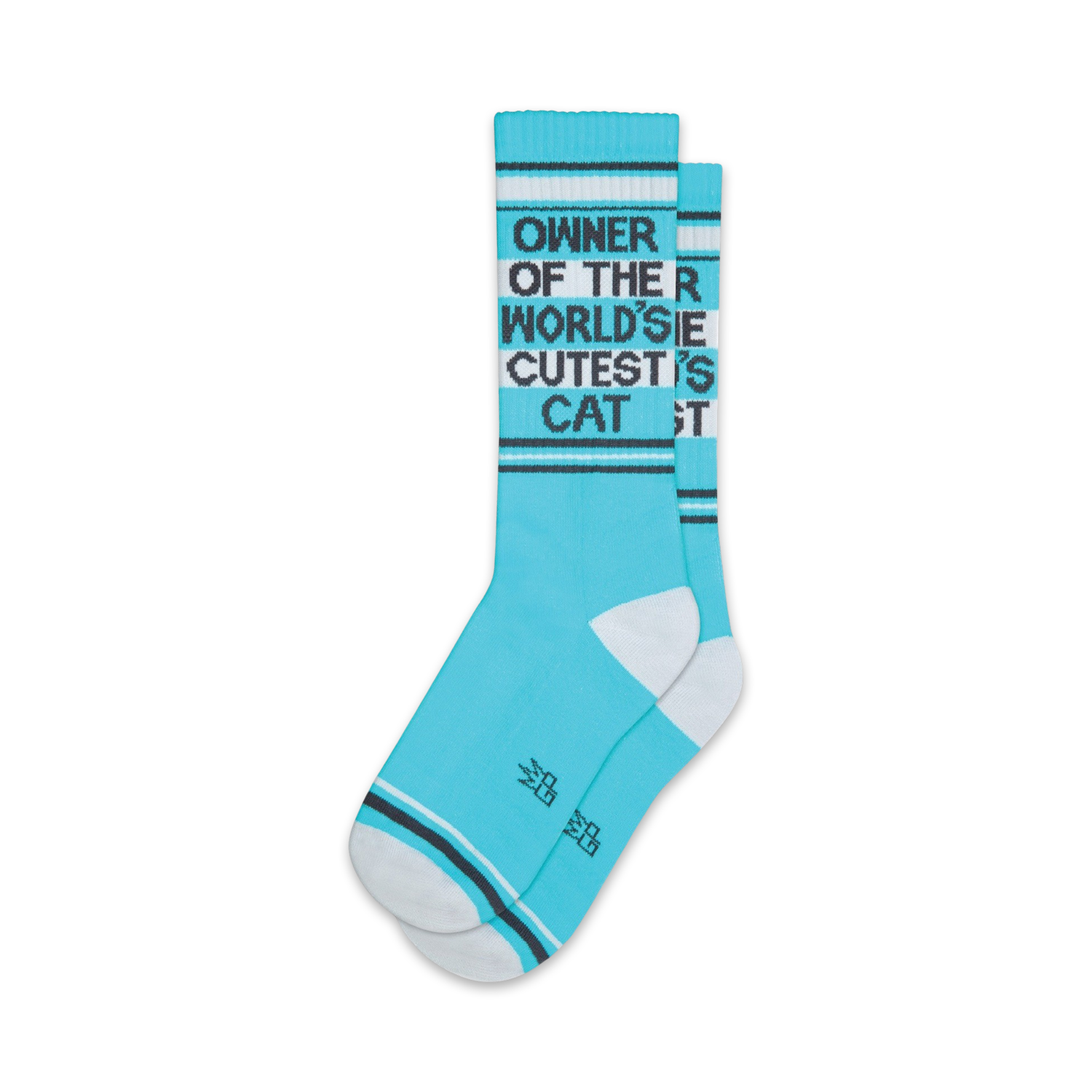 Pair of teal crew socks with a black graphic that reads 'Owner of the World's Cutest Cat'. White accents on the cuffs and toes.