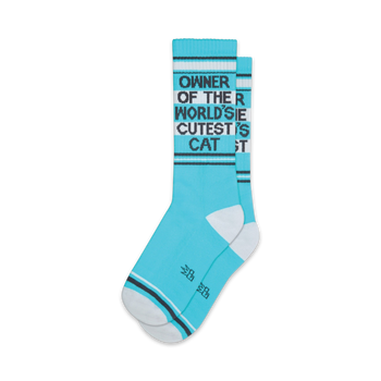 blue socks with white toes, heels, and cuffs that say 'meow' on toes and 'owner of the world's cutest cat' on cuffs. crew, for men and women.   