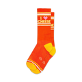 Pair of orange crew socks with yellow stripes and an 'I love cheese' graphic. Pink heart detail.