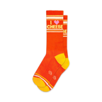 Pair of orange crew socks with yellow stripes and an 'I love cheese' graphic. Pink heart detail.