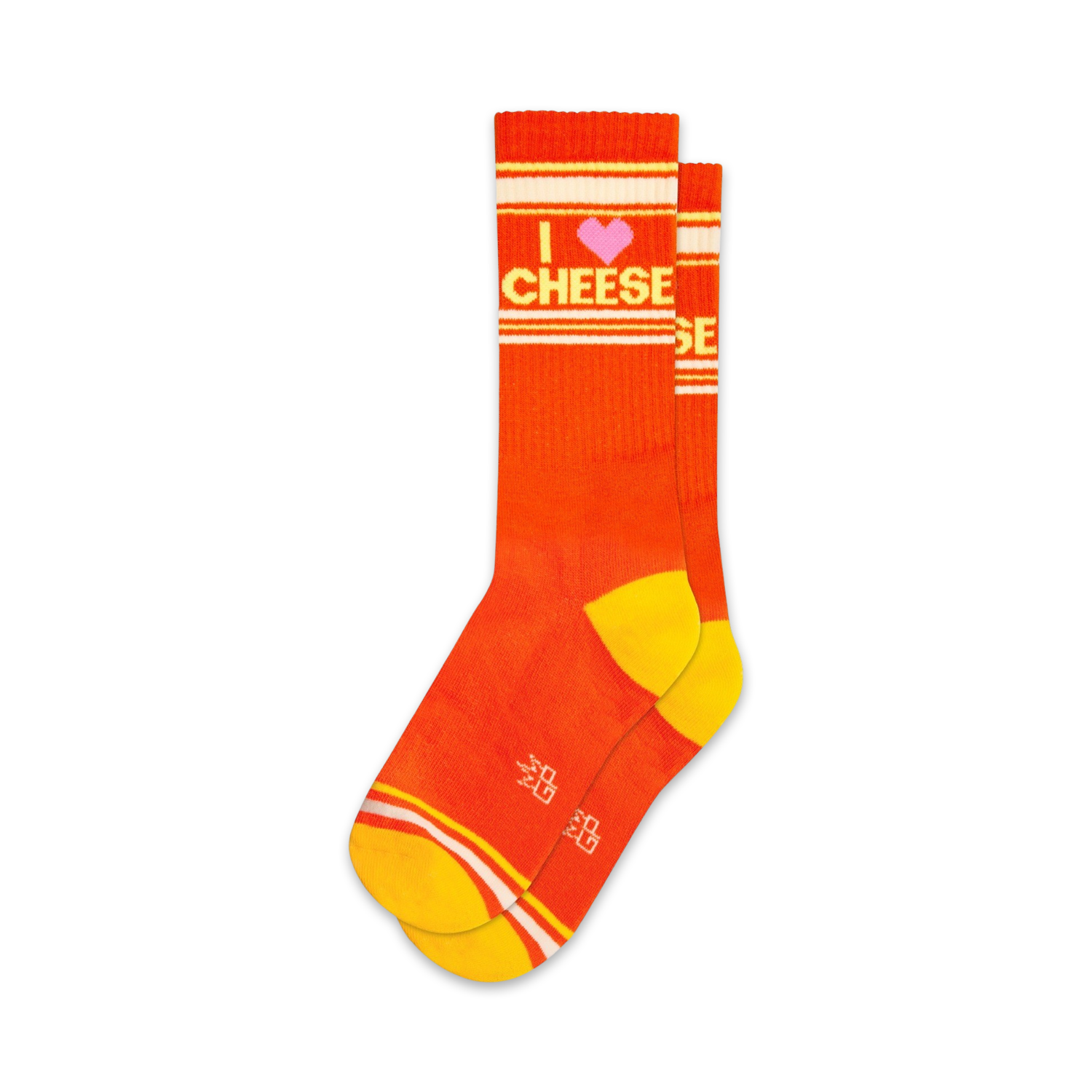 Pair of orange crew socks with yellow stripes and an 'I love cheese' graphic. Pink heart detail.
