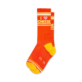 orange i love cheese crew socks with yellow text, white and yellow stripes, pink heart