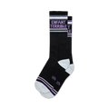Pair of black crew socks with lavender stripes and 'ENFANT TERRIBLE' text. 
