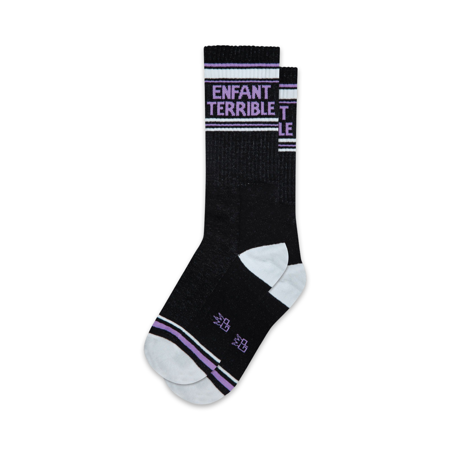 Pair of black crew socks with lavender stripes and 'ENFANT TERRIBLE' text. 