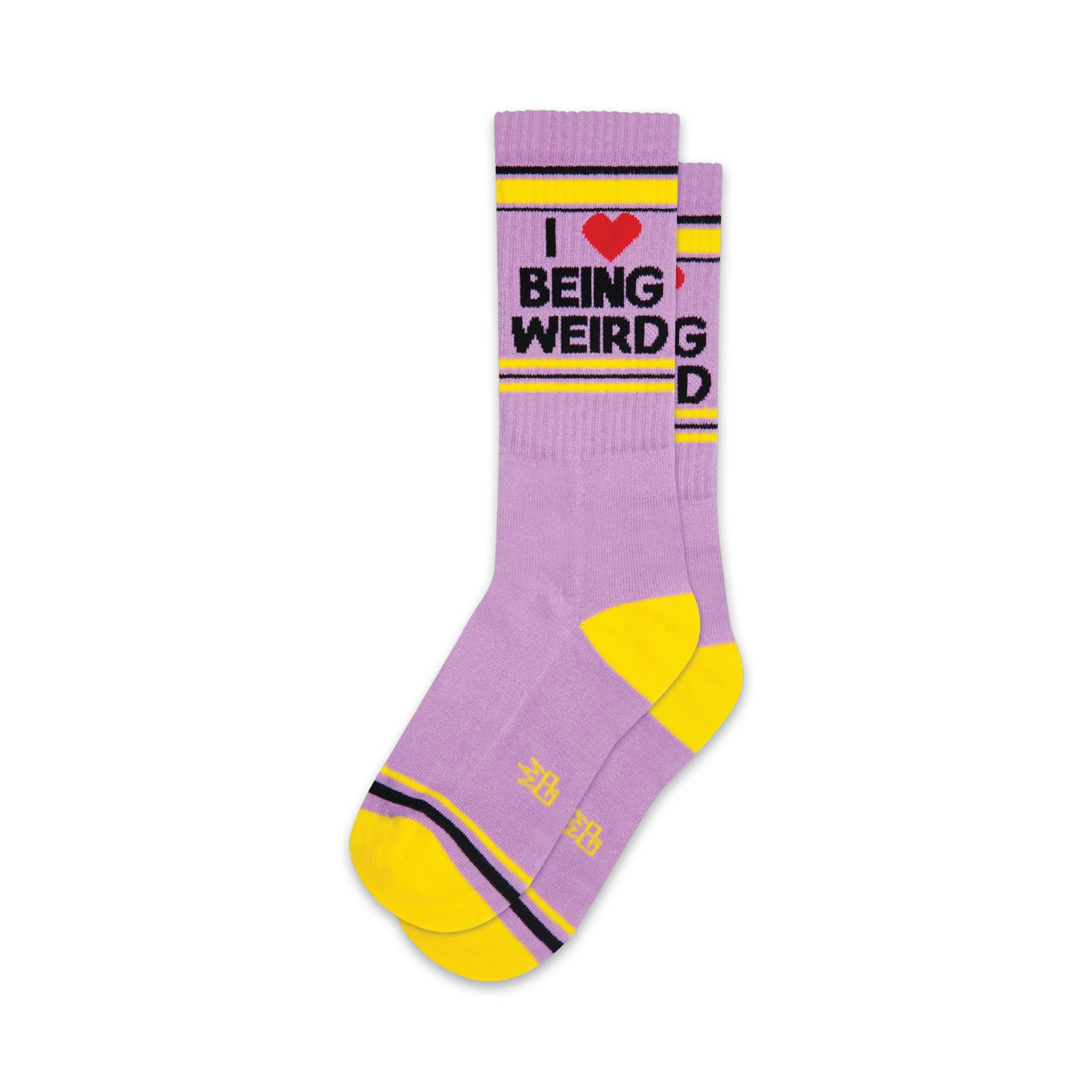 Pair of lavender crew socks with a yellow cuff and heel. The socks feature a graphic that reads 'I love being weird' in black text with a red heart.