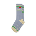 Pair of blue crew socks with a red heart and 'I Love Naps' graphic, accented with cream and green stripes.