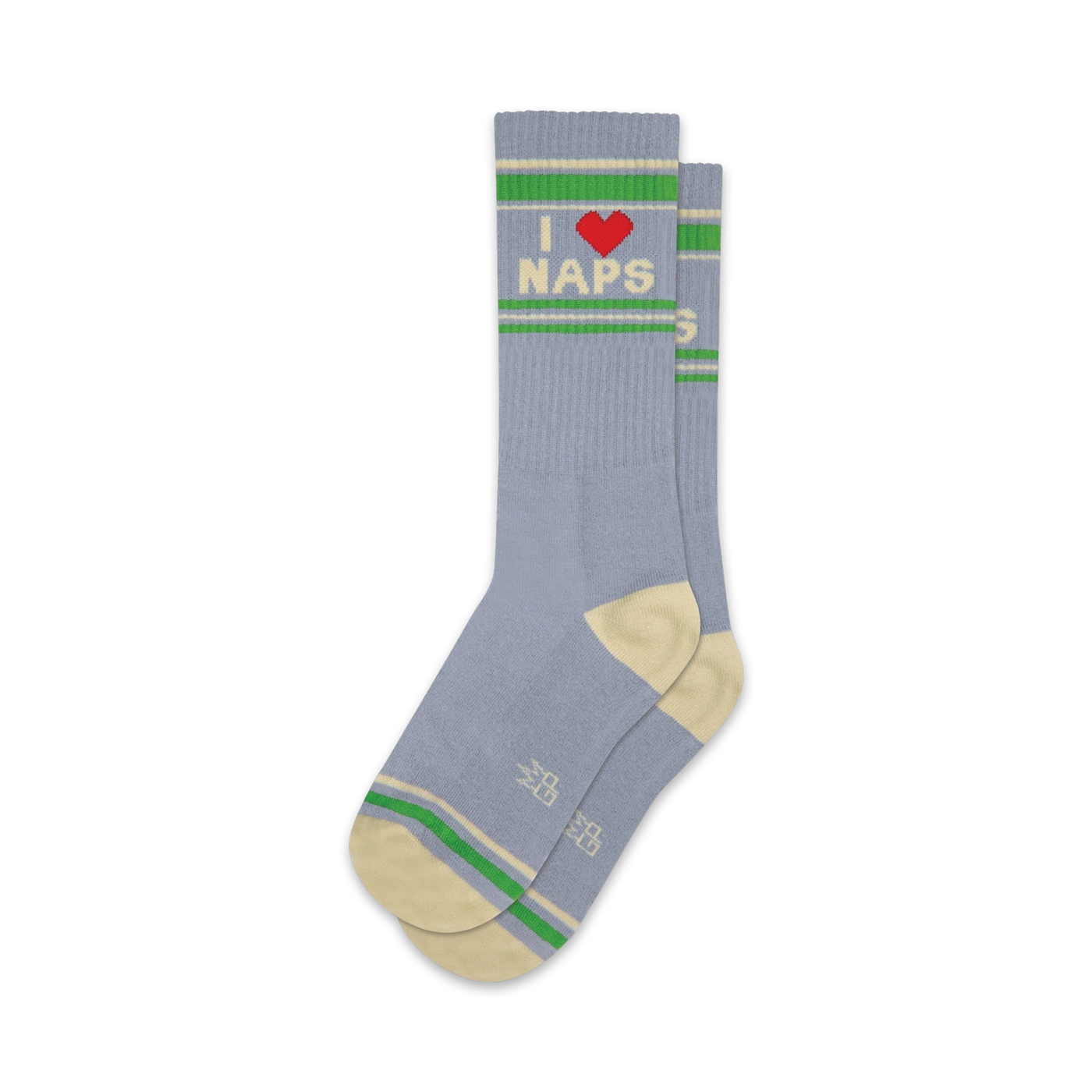Pair of blue crew socks with a red heart and 'I Love Naps' graphic, accented with cream and green stripes.