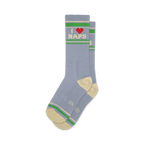 Pair of blue crew socks with a red heart and 'I Love Naps' graphic, accented with cream and green stripes.
