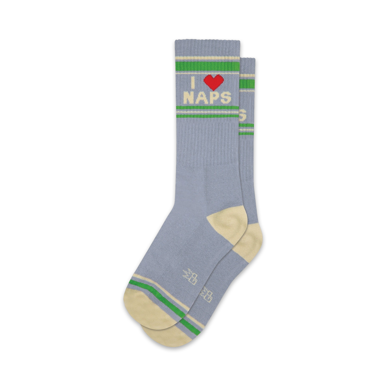 Pair of blue crew socks with a red heart and 'I Love Naps' graphic, accented with cream and green stripes.