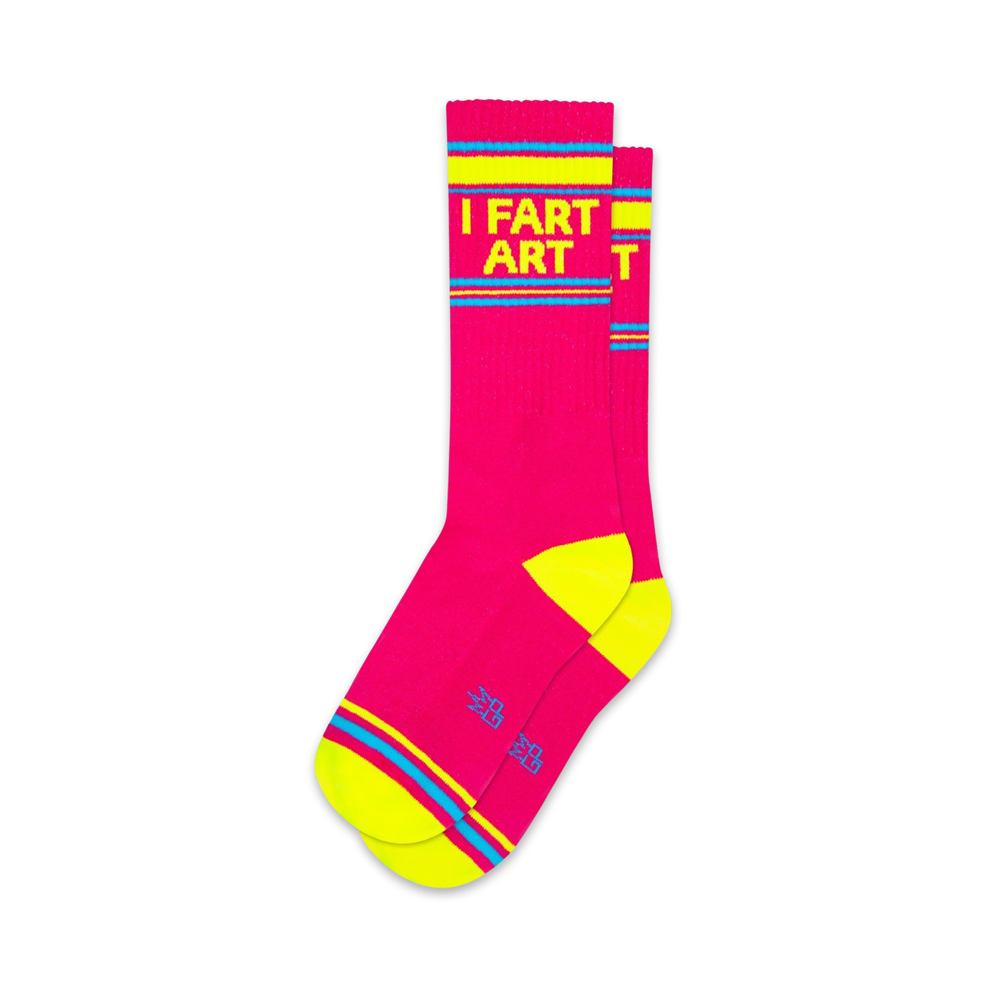 Pair of pink crew socks with neon yellow stripes and the words 'I Fart Art' displayed vertically.