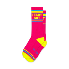 Pair of pink crew socks with neon yellow stripes and the words 'I Fart Art' displayed vertically.