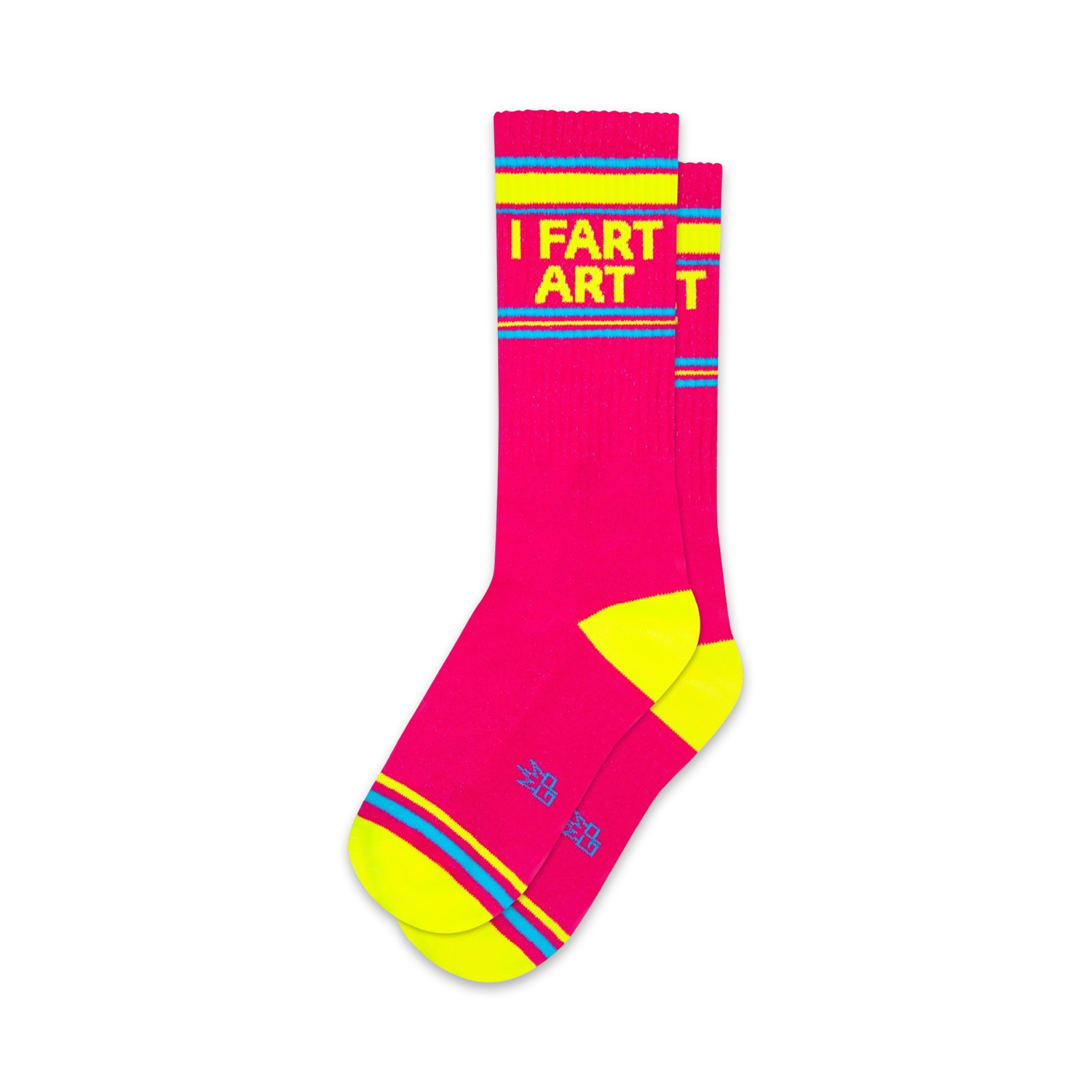 Pair of pink crew socks with neon yellow stripes and the words 'I Fart Art' displayed vertically.