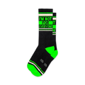 Pair of black crew socks with neon green stripes and the text 'I'm not for everyone'.