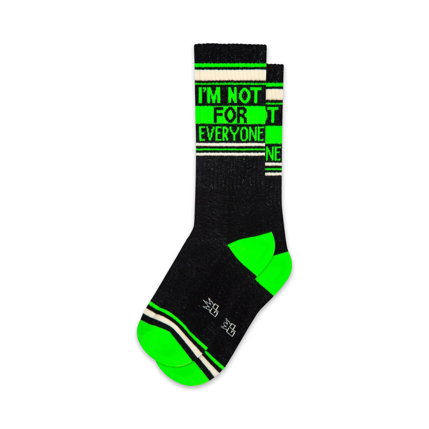 Pair of black crew socks with neon green stripes and the text 'I'm not for everyone'.