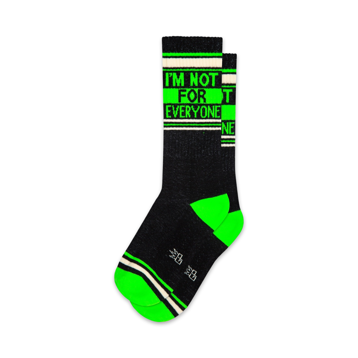 Pair of black crew socks with neon green stripes and the text 'I'm not for everyone'.