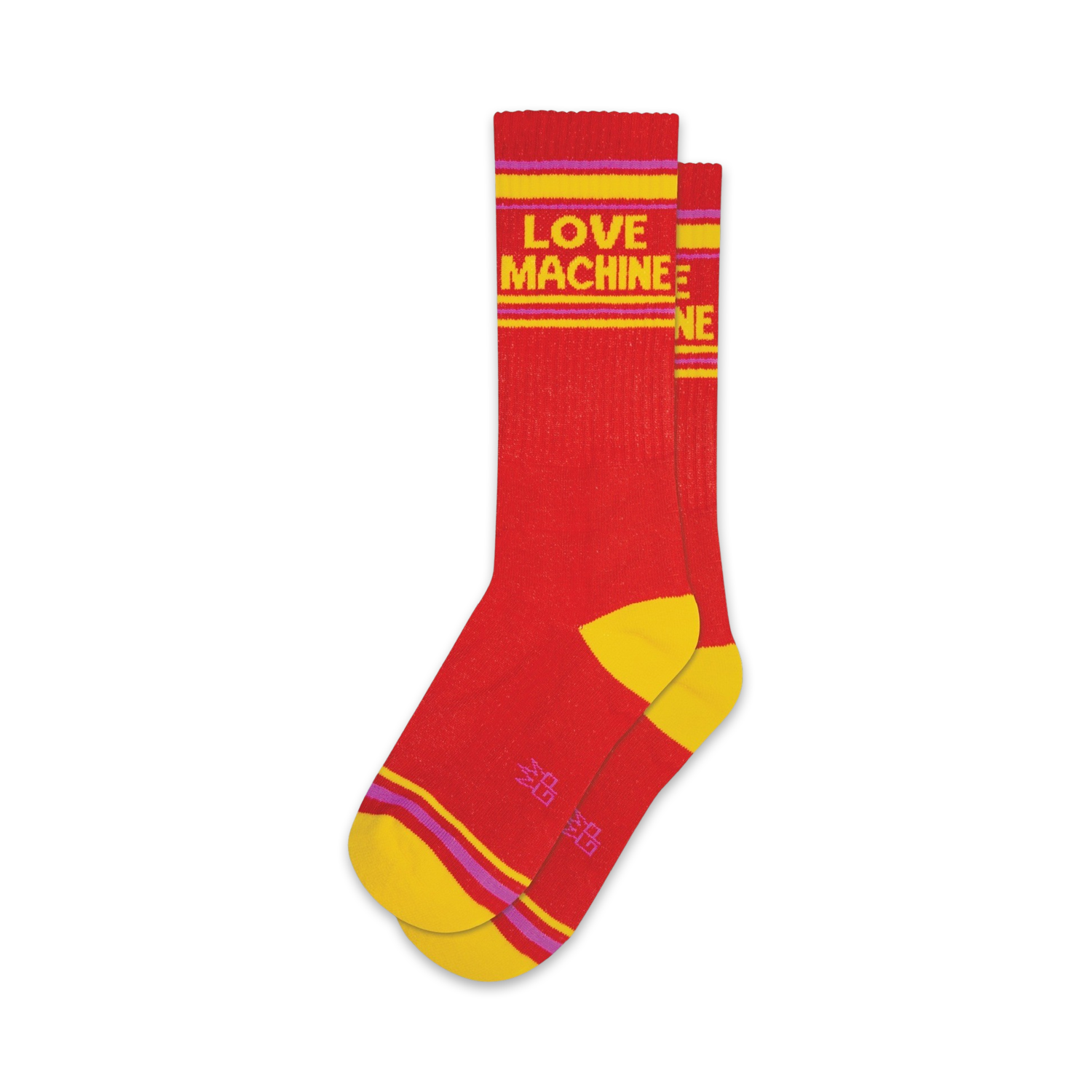 Pair of red crew socks with yellow and purple stripes and 'LOVE MACHINE' in yellow text.