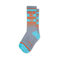 Pair of crew socks in grey, teal, and orange.  The socks feature the text 'I'm in no shape to exercise' repeated vertically.