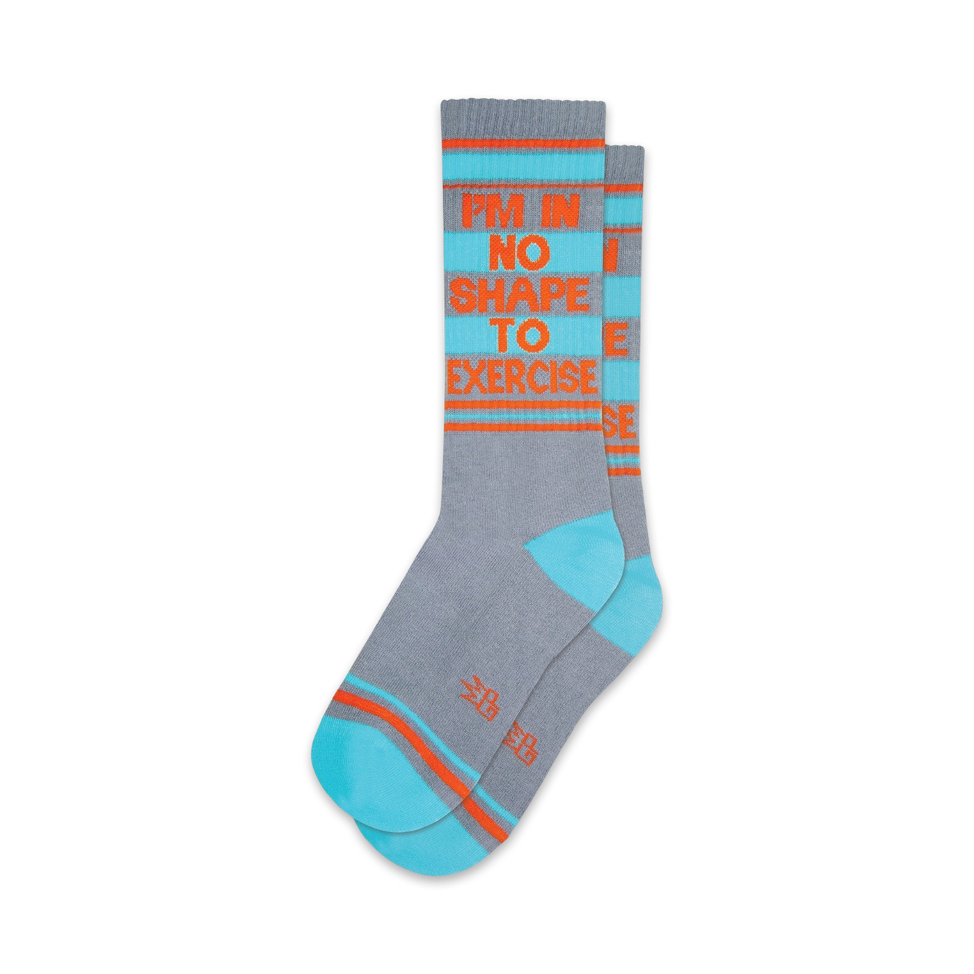 Pair of crew socks in grey, teal, and orange.  The socks feature the text 'I'm in no shape to exercise' repeated vertically.