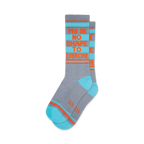 Pair of crew socks in grey, teal, and orange.  The socks feature the text 'I'm in no shape to exercise' repeated vertically.