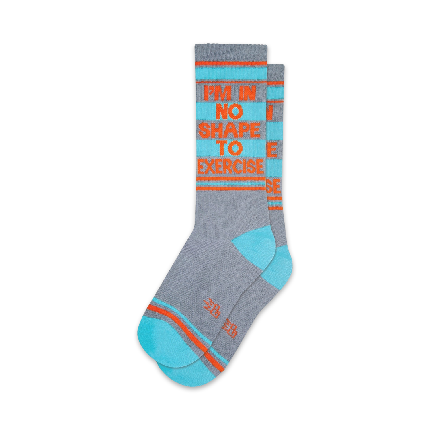 Pair of crew socks in grey, teal, and orange.  The socks feature the text 'I'm in no shape to exercise' repeated vertically.