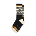 Pair of black crew socks with gold and white stripes and the phrase 'Sounds Like Bullshit To Me' printed vertically.