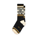 Pair of black crew socks with gold and white stripes and the phrase 'Sounds Like Bullshit To Me' printed vertically.