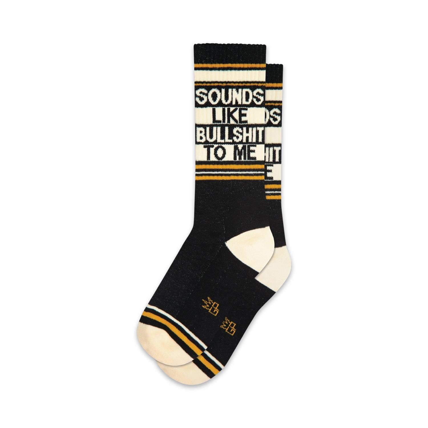 Pair of black crew socks with gold and white stripes and the phrase 'Sounds Like Bullshit To Me' printed vertically.