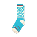 Pair of teal crew socks with a white and red stripe at the top and bottom. Text on the socks reads: 'Real Men Admit They Love Cats'.