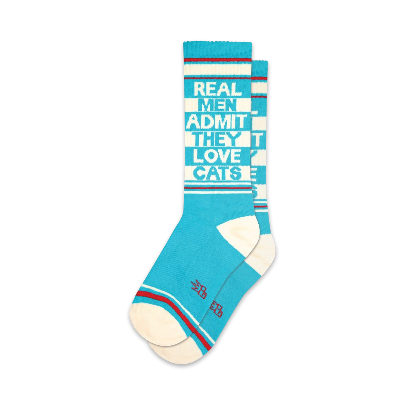 Pair of teal crew socks with a white and red stripe at the top and bottom. Text on the socks reads: 'Real Men Admit They Love Cats'.