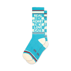 Pair of teal crew socks with a white and red stripe at the top and bottom. Text on the socks reads: 'Real Men Admit They Love Cats'.
