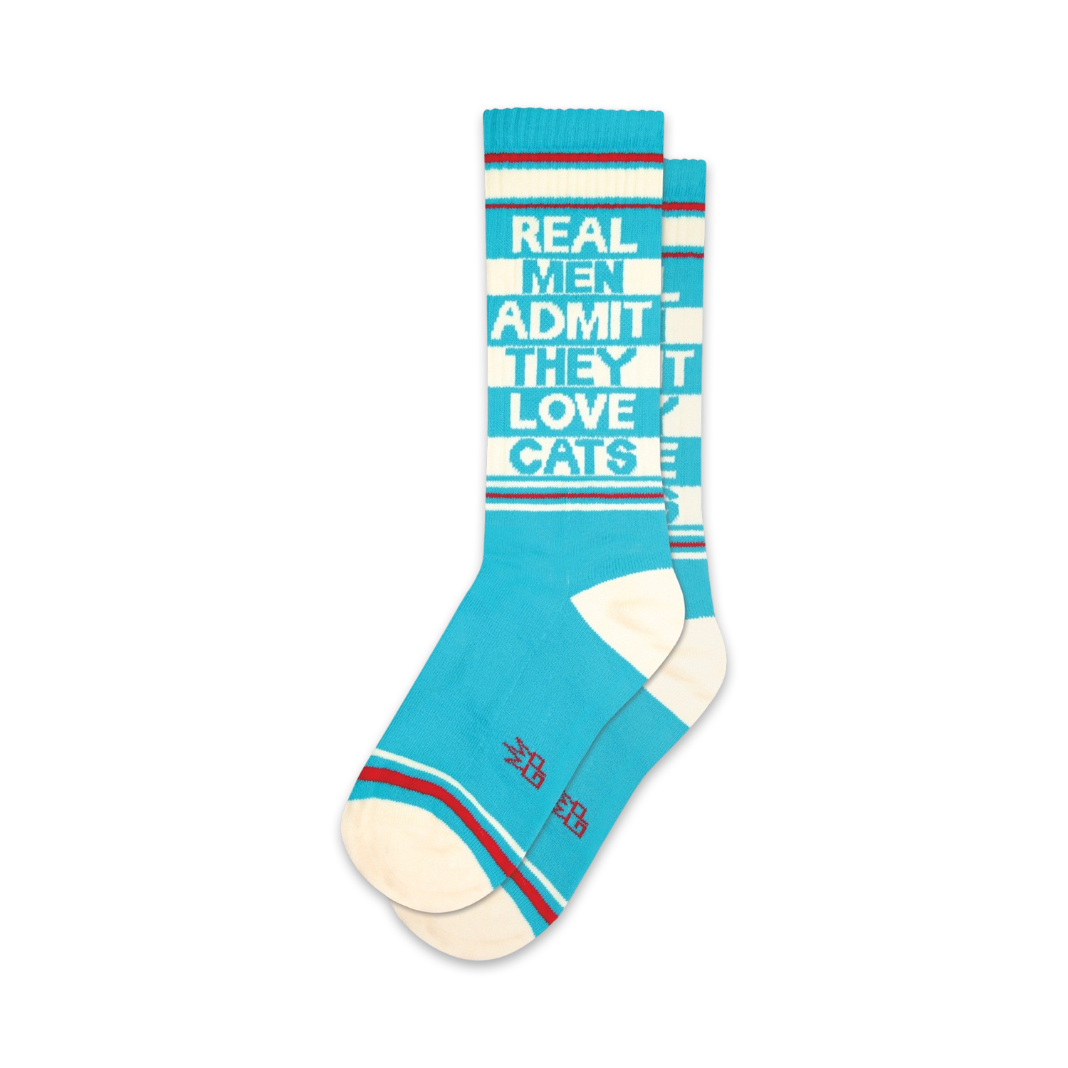 Pair of teal crew socks with a white and red stripe at the top and bottom. Text on the socks reads: 'Real Men Admit They Love Cats'.