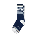 Pair of navy blue crew socks with white and gold stripes and the text 'Classy and Gassy' printed on them.