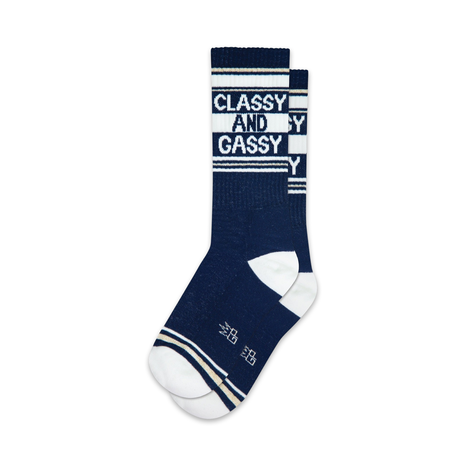 Pair of navy blue crew socks with white and gold stripes and the text 'Classy and Gassy' printed on them.