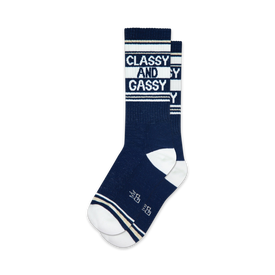 classy and gassy socks. xl crew socks with fun text that will make you laugh.   