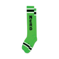 Pair of lime green knee-high socks with black 'NERD' vertical text and black & white stripes at the top and bottom.