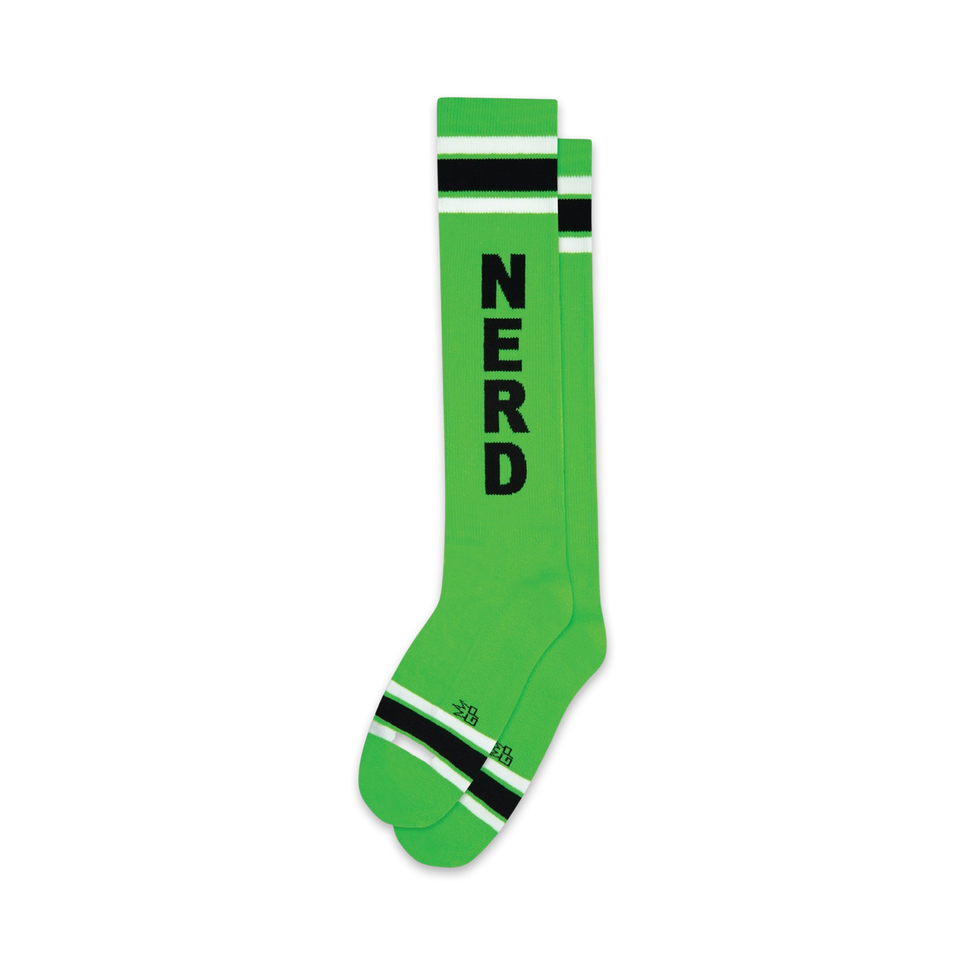 Pair of lime green knee-high socks with black 'NERD' vertical text and black & white stripes at the top and bottom.