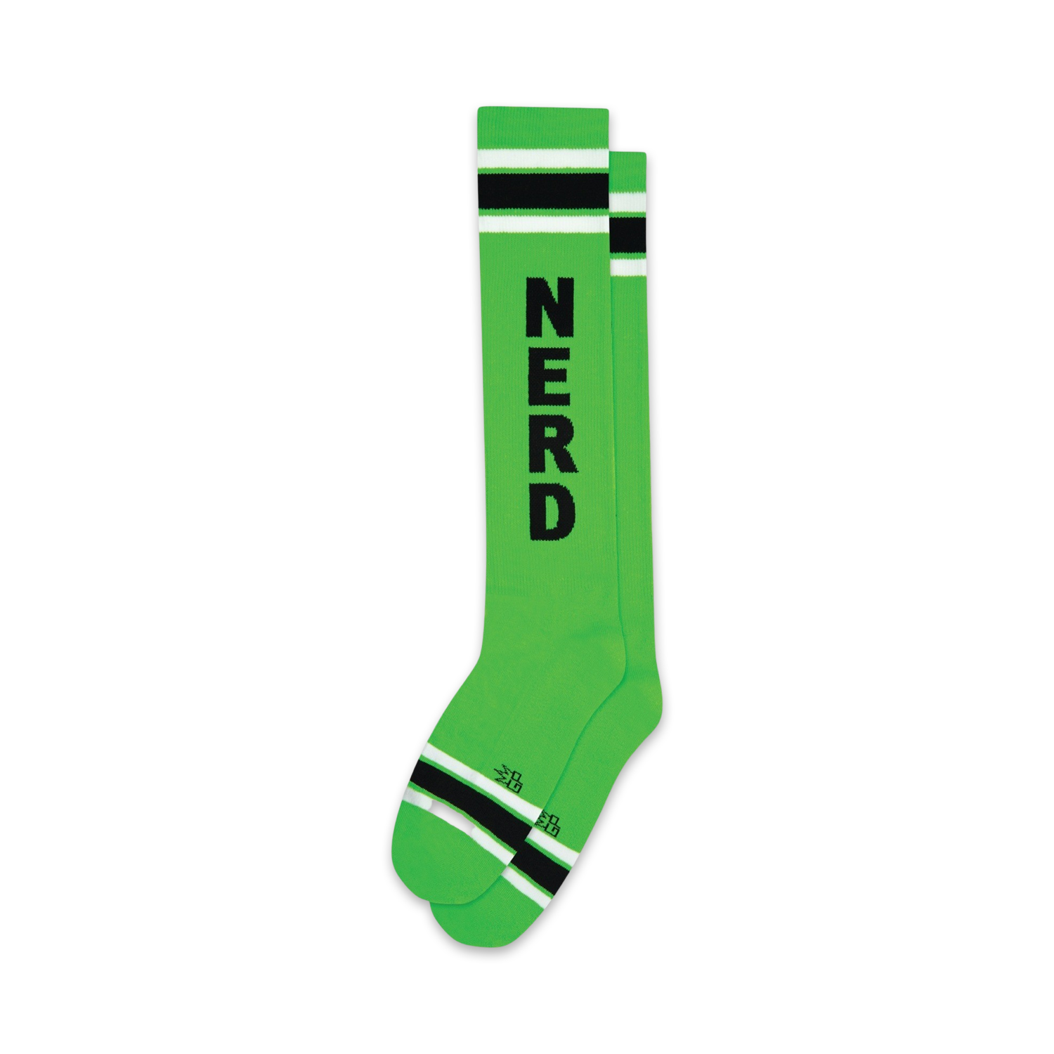 Pair of lime green knee-high socks with black 'NERD' vertical text and black & white stripes at the top and bottom.