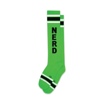 bright green knee-high socks with black "nerd" lettering and two stripes. for men and women.  